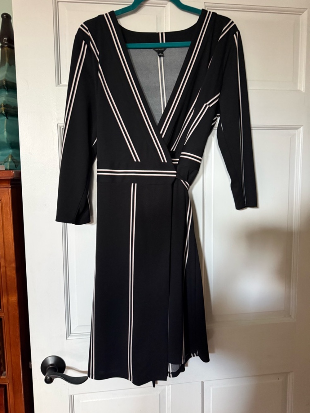 Ann Taylor Black Wrap-Style Midi Dress with White Stripes
